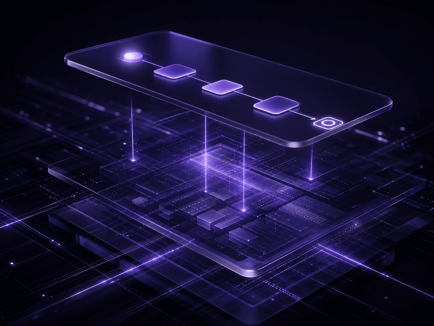 Abstract layers representing a simplified workflow above a complex enterprise system